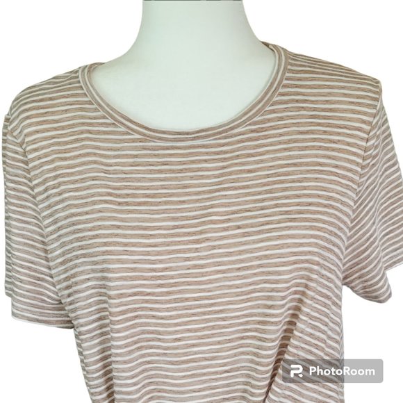 “L Love Inc" Neutral Striped Tee Shirt Dress Swim Cover Up with Side Tie - Picture 3 of 10